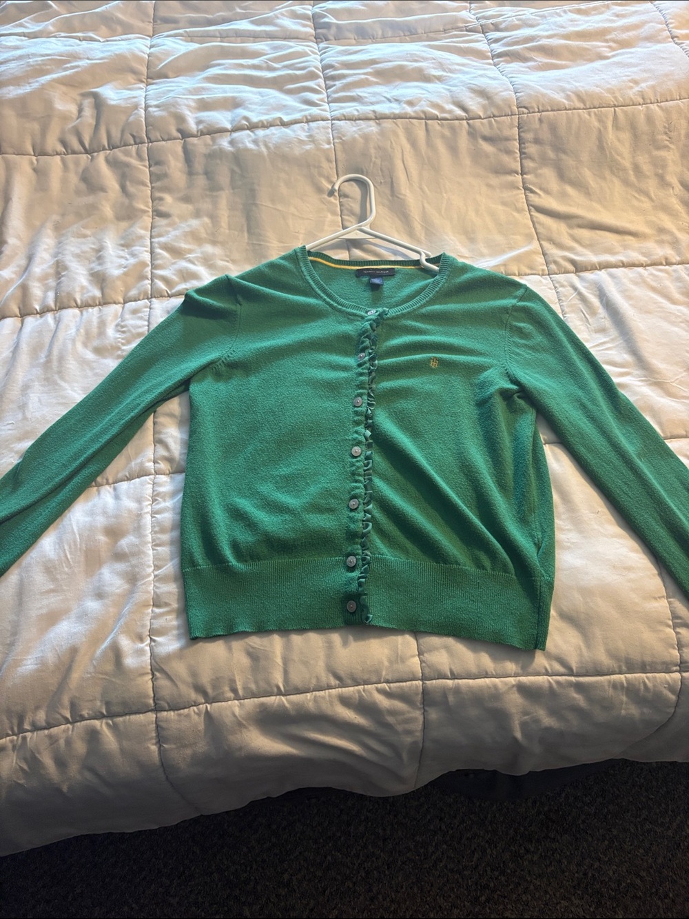 Tommy Hilfiger Green Ruffle-Trim Button Cardigan